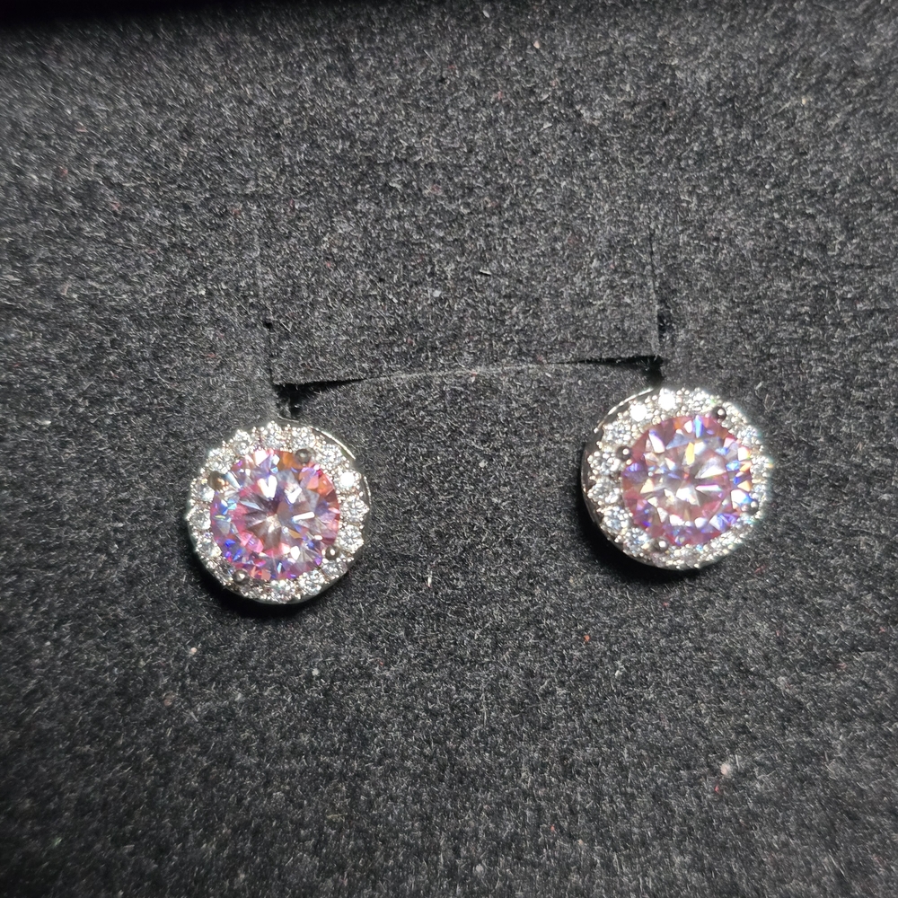 .5 Ct Pink and Silver Moissanite Halo Earrings